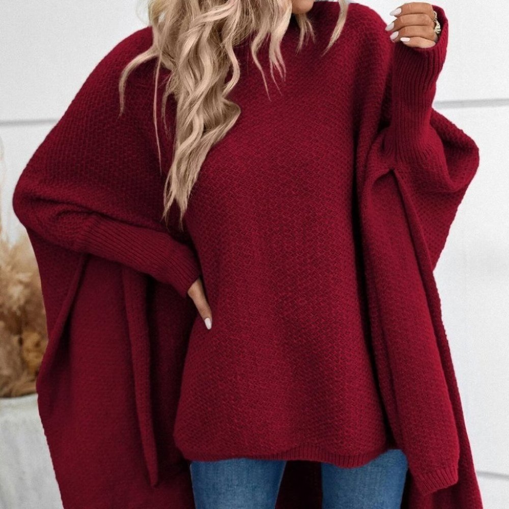 Oversized Mock Neck Dolman Sleeve High Low Hem Burgundy Sweater - Picture 2 of 4